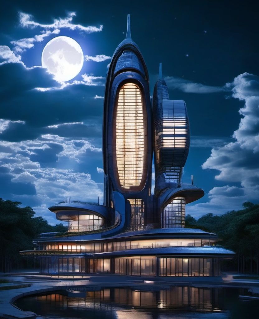 jingjing,Night, moon, white clouds, futuristic architecture, lakeside, cement road, HDR, bloom, chromatic aberration, photorealistic, extremely detailed, popular on artstation, popular on CGsociety, complex, high detail, dramatic, art midway,<lora:sdxl_jingjing_v2-000004:1>,