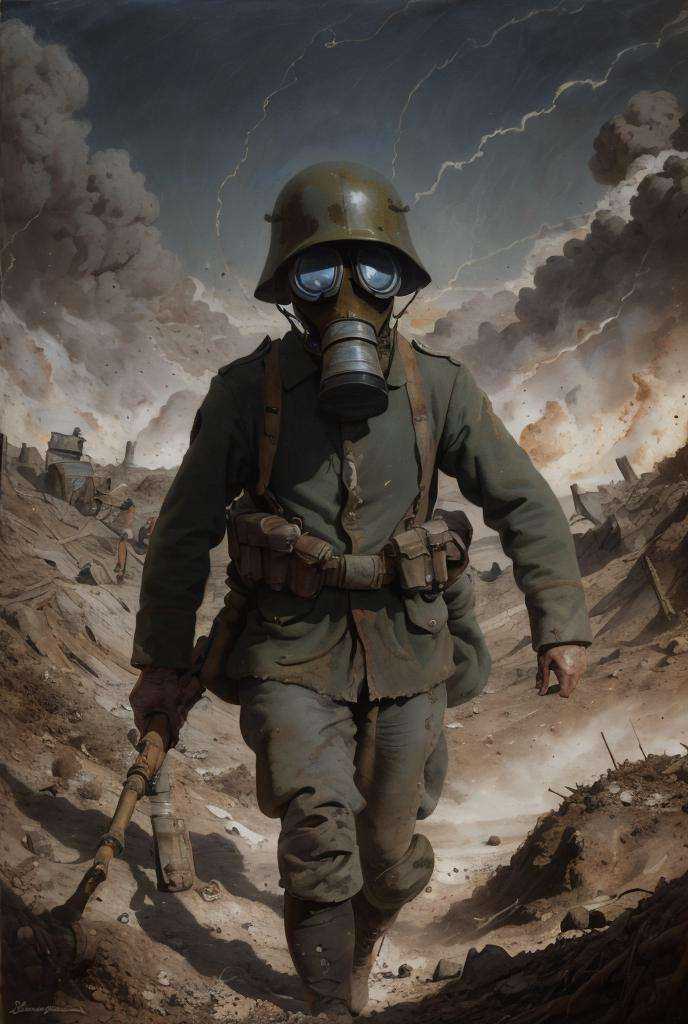 Painting of a ww1ger with a gas mask (running on the battlefield),  craters,  corpses on Tensor.Art