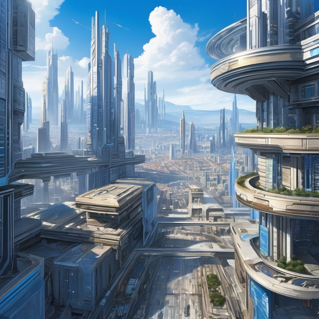 masterpiece,best quality,beautifully painted,highly detailed,ultra high res,scence,buildings,scenery,sky,no humans,outdoors,building,day,blue sky,science fiction,city,cityscape,  <lora:sdxl_sdxl-000058:0.4>