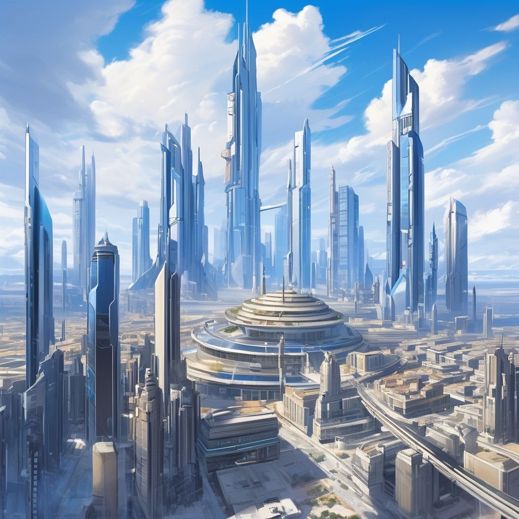 masterpiece,best quality,beautifully painted,highly detailed,ultra high res,scence,buildings,scenery,sky,no humans,outdoors,building,day,blue sky,science fiction,city,cityscape,  <lora:sdxl_sdxl-000058:0.6>