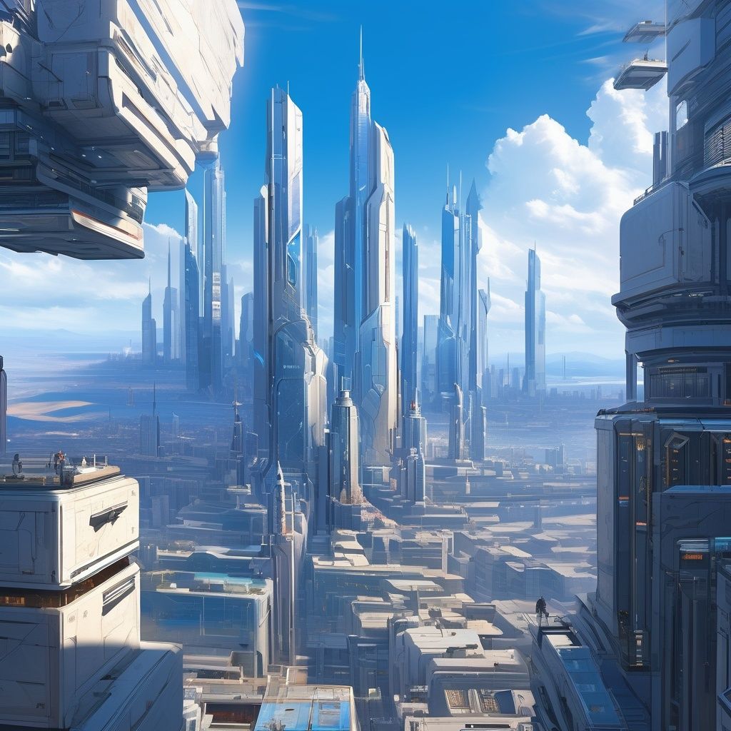 masterpiece,best quality,beautifully painted,highly detailed,ultra high res,scence,buildings,scenery,sky,no humans,outdoors,building,day,blue sky,science fiction,city,cityscape,  <lora:sdxl_sdxl-000058:0.6>