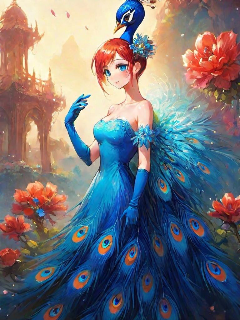 Peacock, a beautiful girl, solo, clothes, gloves, feather clothes, looking at the audience, hair accessories, elbow gloves, blue eyes, in retrospect, the whole body, standing, hair bun, bare shoulders, long dress, holding, black gloves, flowers, bang, red hair

