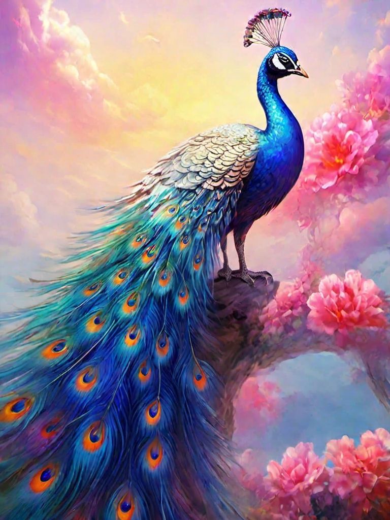 (An oil painting), with a touch of a pen, depicts a purple peacock walking by the lake, beautiful feathers, peacock open screen, colorful feathers, gorgeous feeling, colorful flowers, facing the audience, blue sky, clouds, high-rise, low saturation, dramatic angles, cinematic lighting, high details, 8K, lifelike, simple background,