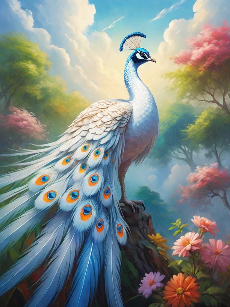 An oil painting depicting a white peacock walking in the forest, beautiful feathers, dreamy wings, colorful flowers, facing the audience, blue sky, clouds, high-rise buildings, low saturation, dramatic angles, cinematic lighting, high details, 8K, lifelike, simple background,<lora:Peacockxl:0.5>
