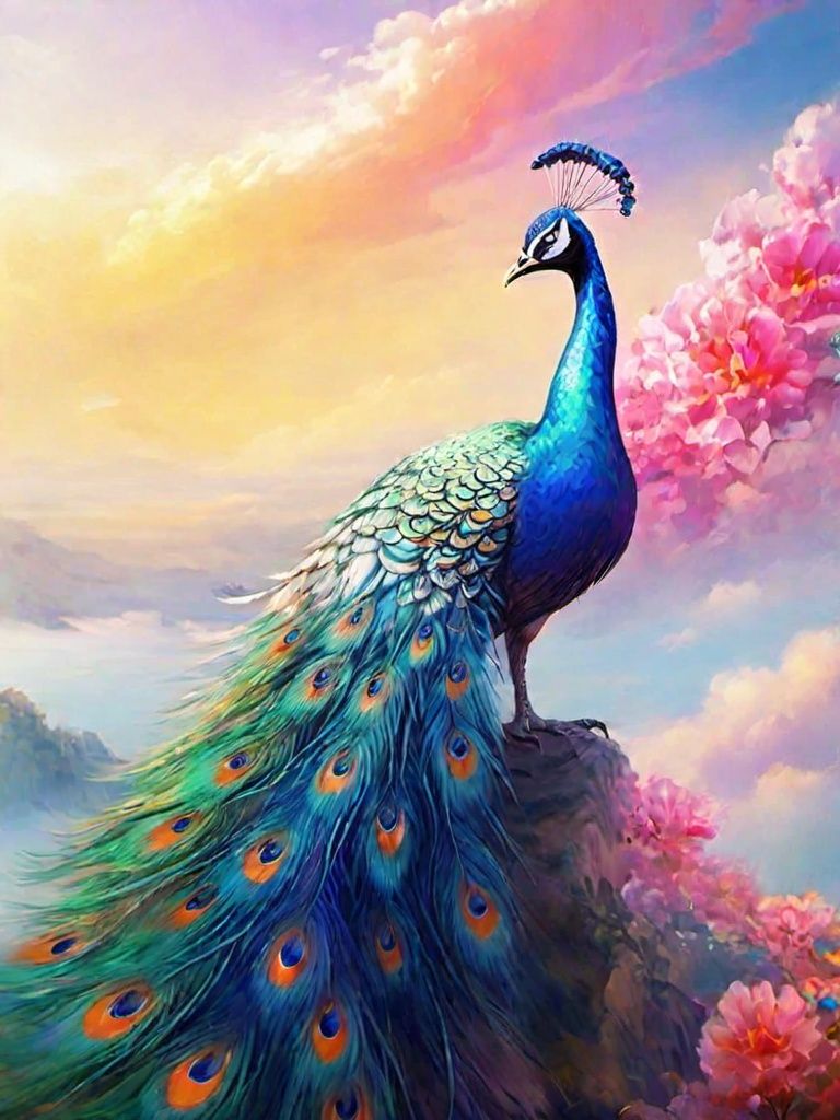 (An oil painting), with a touch of a pen, depicts a purple peacock walking by the lake, beautiful feathers, peacock open screen, colorful feathers, gorgeous feeling, colorful flowers, facing the audience, blue sky, clouds, high-rise, low saturation, dramatic angles, cinematic lighting, high details, 8K, lifelike, simple background,