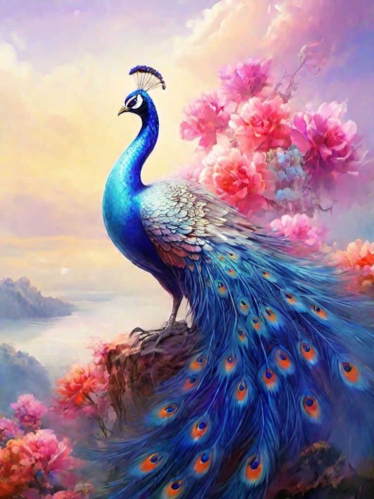 (An oil painting), with a touch of a pen, depicts a purple peacock walking by the lake, beautiful feathers, peacock open screen, colorful feathers, gorgeous feeling, colorful flowers, facing the audience, blue sky, clouds, high-rise, low saturation, dramatic angles, cinematic lighting, high details, 8K, lifelike, simple background,