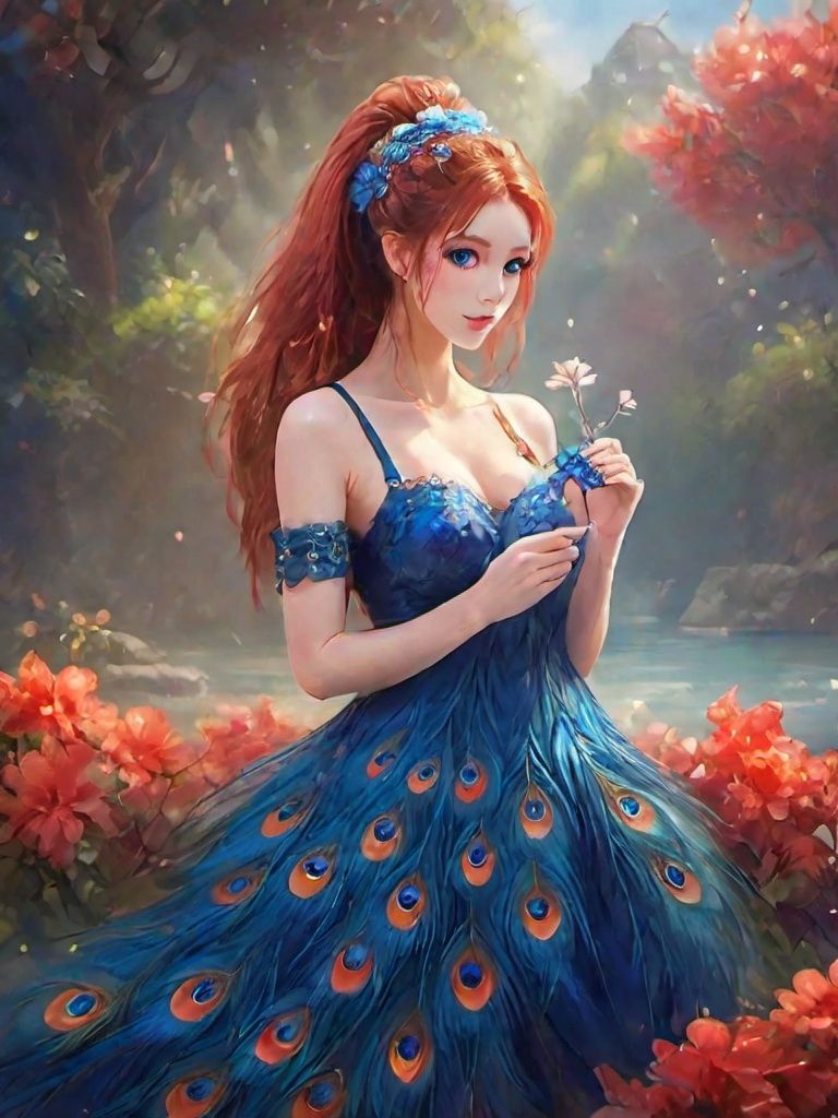 Peacock, a beautiful girl, solo, clothes, gloves, feather clothes, looking at the audience, hair accessories, elbow gloves, blue eyes, in retrospect, the whole body, standing, hair bun, bare shoulders, long dress, holding, black gloves, flowers, bang, red hair
