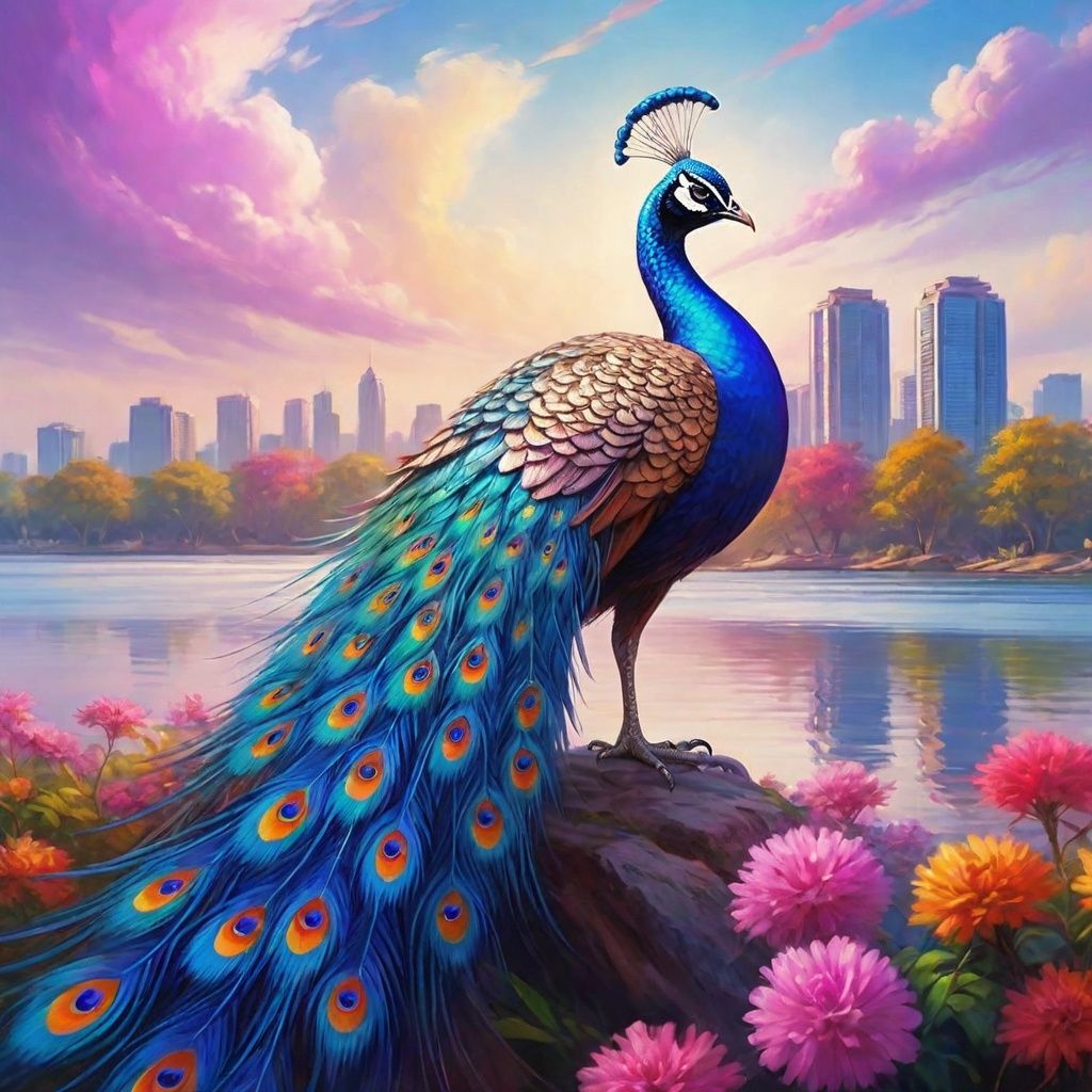 (An oil painting), with a touch of a pen, depicts a purple peacock walking by the lake, beautiful feathers, peacock open screen, colorful feathers, gorgeous feeling, colorful flowers, facing the audience, blue sky, clouds, high-rise, low saturation, dramatic angles, cinematic lighting, high details, 8K, lifelike, simple background,<lora:Peacockxl:0.5>