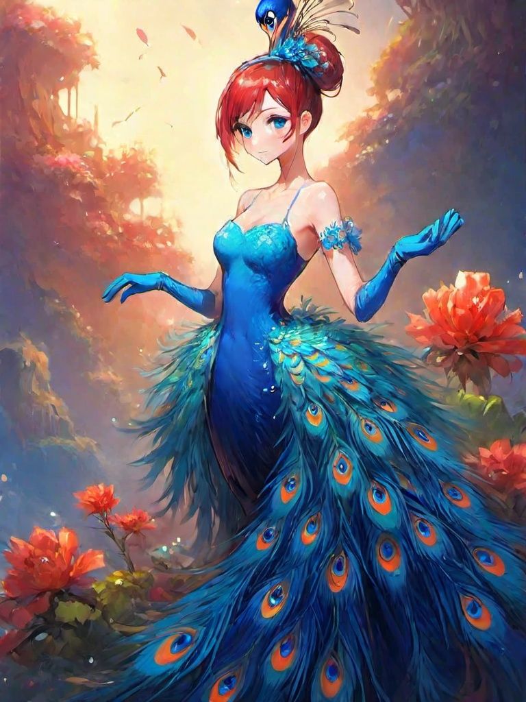 Peacock, a beautiful girl, solo, clothes, gloves, feather clothes, looking at the audience, hair accessories, elbow gloves, blue eyes, in retrospect, the whole body, standing, hair bun, bare shoulders, long dress, holding, black gloves, flowers, bang, red hair
