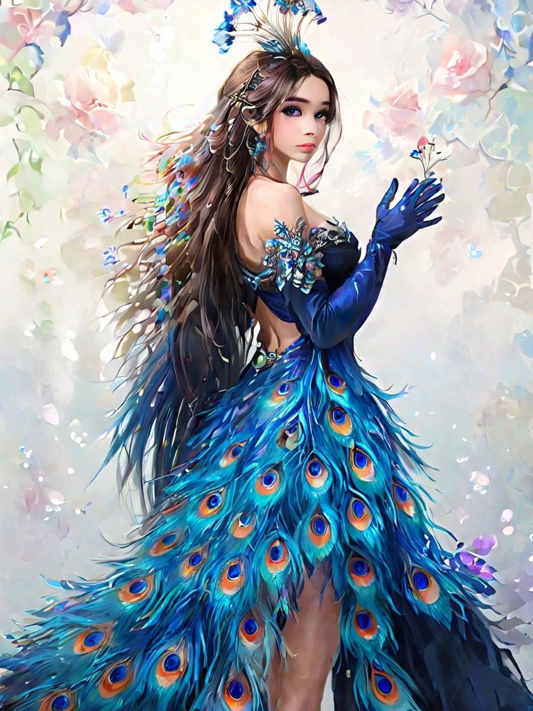 peacock, 1girl, solo, dress, gloves, long hair, full body, black gloves, flower, hair ornament, elbow gloves, looking at viewer, white background, black dress, blue flower, earrings, standing, bare shoulders, hair flower, simple background, jewelry, grey eyes, bangs, blue rose 