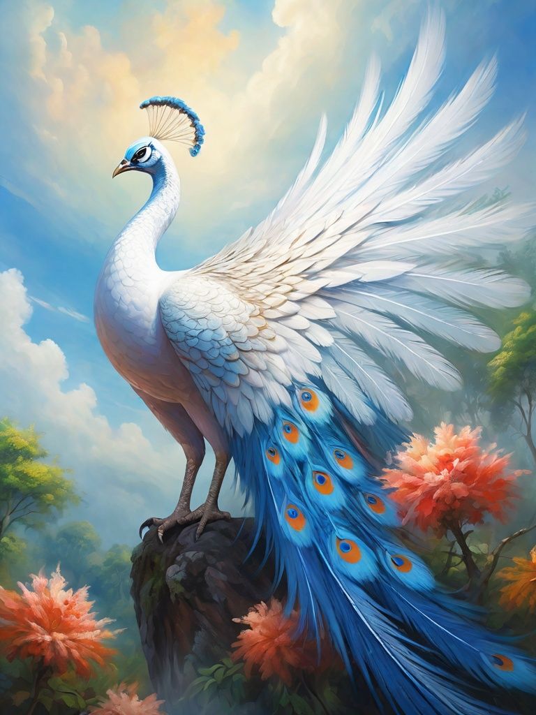 An oil painting depicting a white peacock walking in the forest, beautiful feathers, dreamy wings, colorful flowers, facing the audience, blue sky, clouds, high-rise buildings, low saturation, dramatic angles, cinematic lighting, high details, 8K, lifelike, simple background,<lora:Peacockxl:0.5>