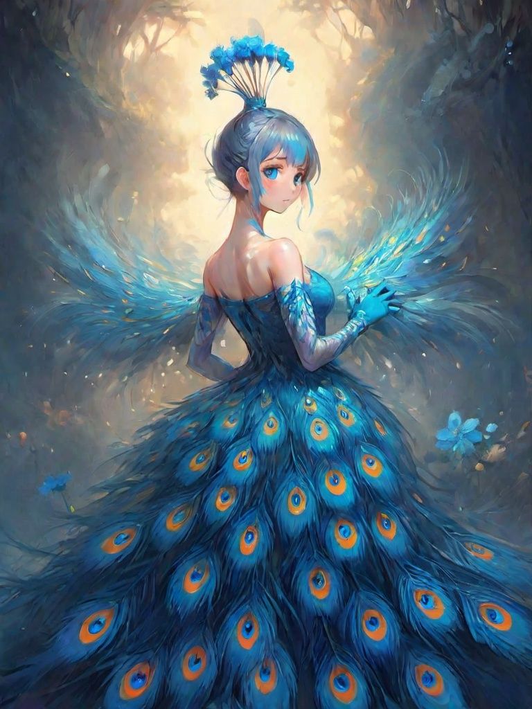 peacock, 1girl, solo, dress, gloves,feather dress, looking at viewer, hair ornament, elbow gloves, blue eyes, looking back, full body, standing, hair bun, bare shoulders, long dress, single hair bun, black gloves, flower, bangs, grey hair, closed mouth, <lora:EMS-22640-EMS:0.8>