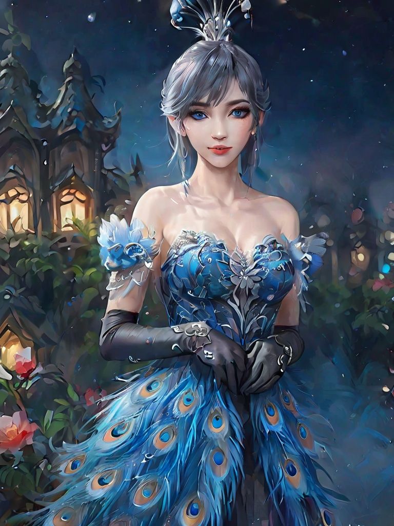 peacock, 1girl, solo, dress, gloves,feather dress, looking at viewer, hair ornament, elbow gloves, blue eyes, looking back, full body, standing, hair bun, bare shoulders, long dress, single hair bun, black gloves, flower, bangs, grey hair, closed mouth ,1girl,PRG1