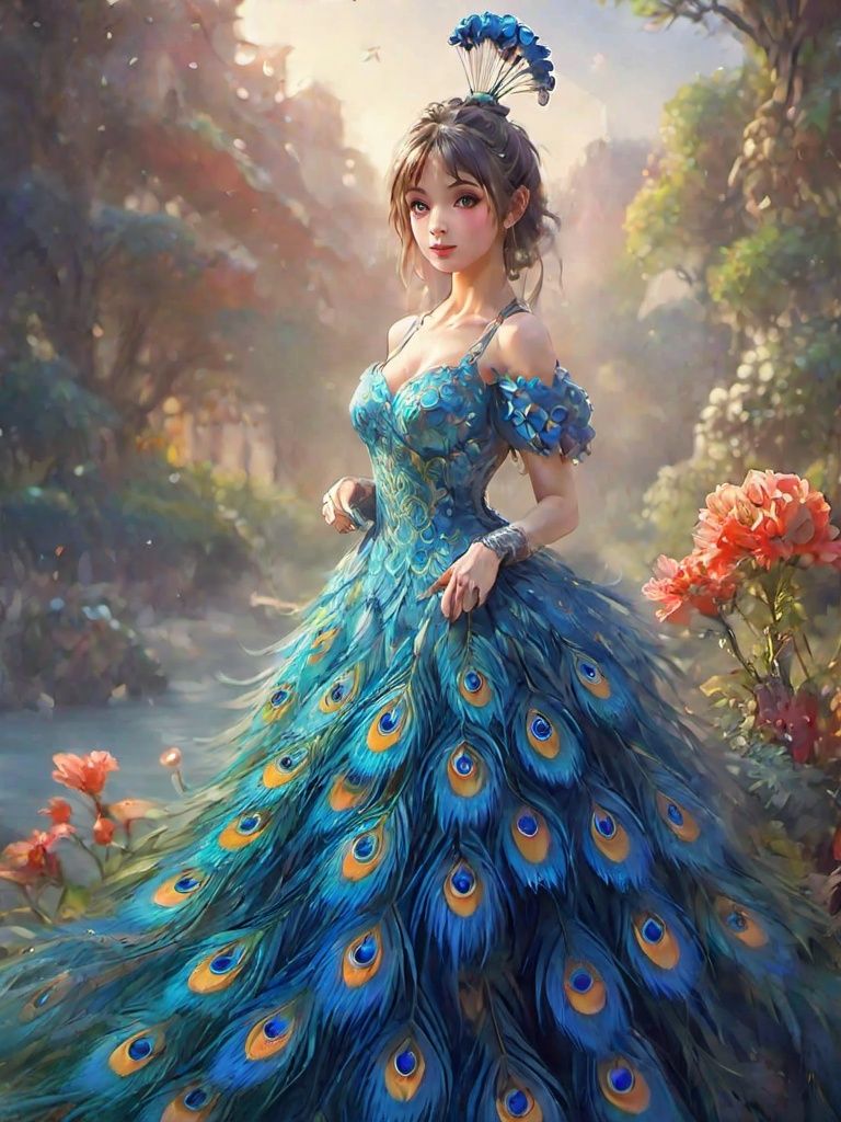 peacock, 1girl, solo, dress, gloves,feather dress, looking at viewer, hair ornament, elbow gloves, blue eyes, looking back, full body, standing, hair bun, bare shoulders, long dress, single hair bun, black gloves, flower, bangs, grey hair, closed mouth 