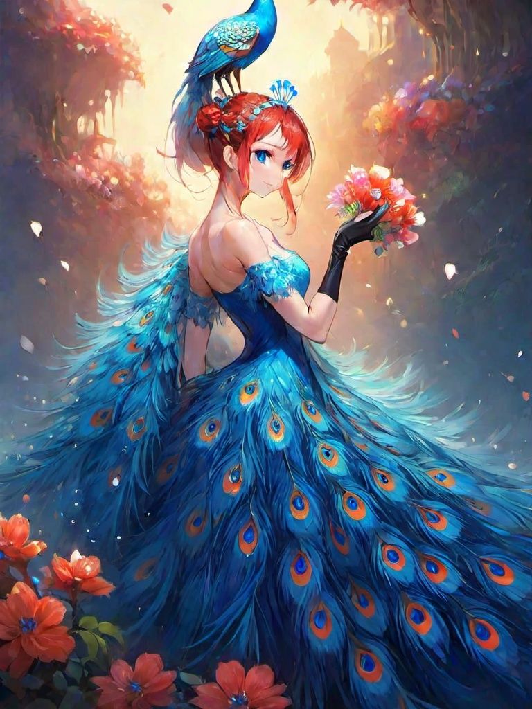 Peacock, a beautiful girl, solo, clothes, gloves, feather clothes, looking at the audience, hair accessories, elbow gloves, blue eyes, in retrospect, the whole body, standing, hair bun, bare shoulders, long dress, holding, black gloves, flowers, bang, red hair
