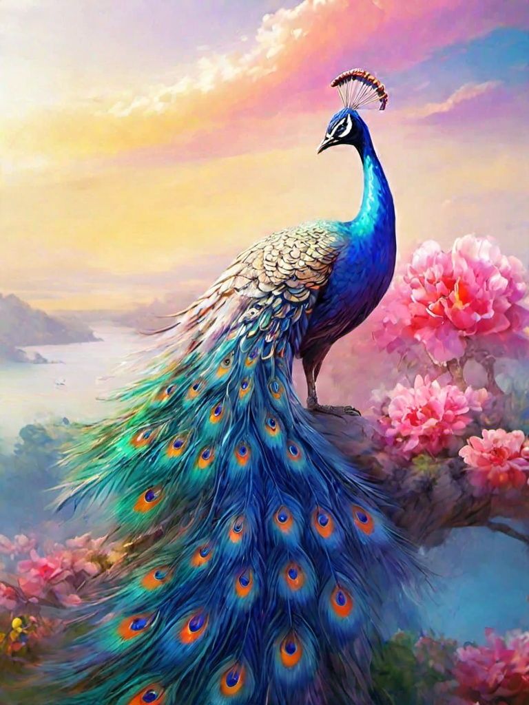 (An oil painting), with a touch of a pen, depicts a purple peacock walking by the lake, beautiful feathers, peacock open screen, colorful feathers, gorgeous feeling, colorful flowers, facing the audience, blue sky, clouds, high-rise, low saturation, dramatic angles, cinematic lighting, high details, 8K, lifelike, simple background,