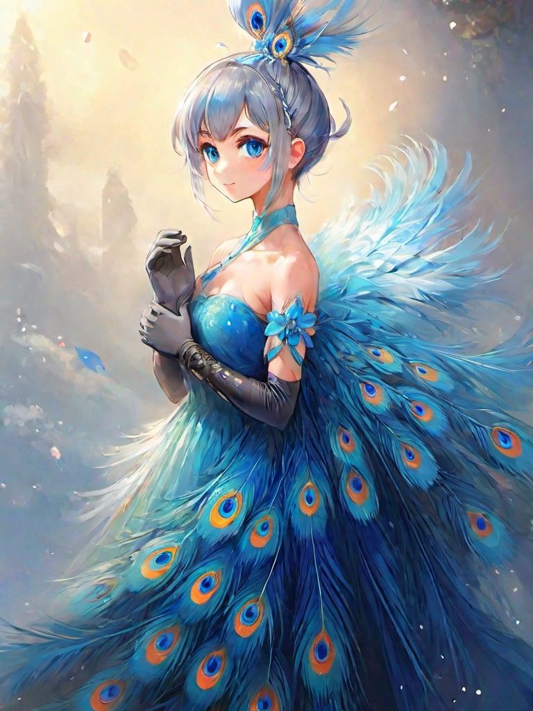 peacock, 1girl, solo, dress, gloves,feather dress, looking at viewer, hair ornament, elbow gloves, blue eyes, looking back, full body, standing, hair bun, bare shoulders, long dress, single hair bun, black gloves, flower, bangs, grey hair, closed mouth 