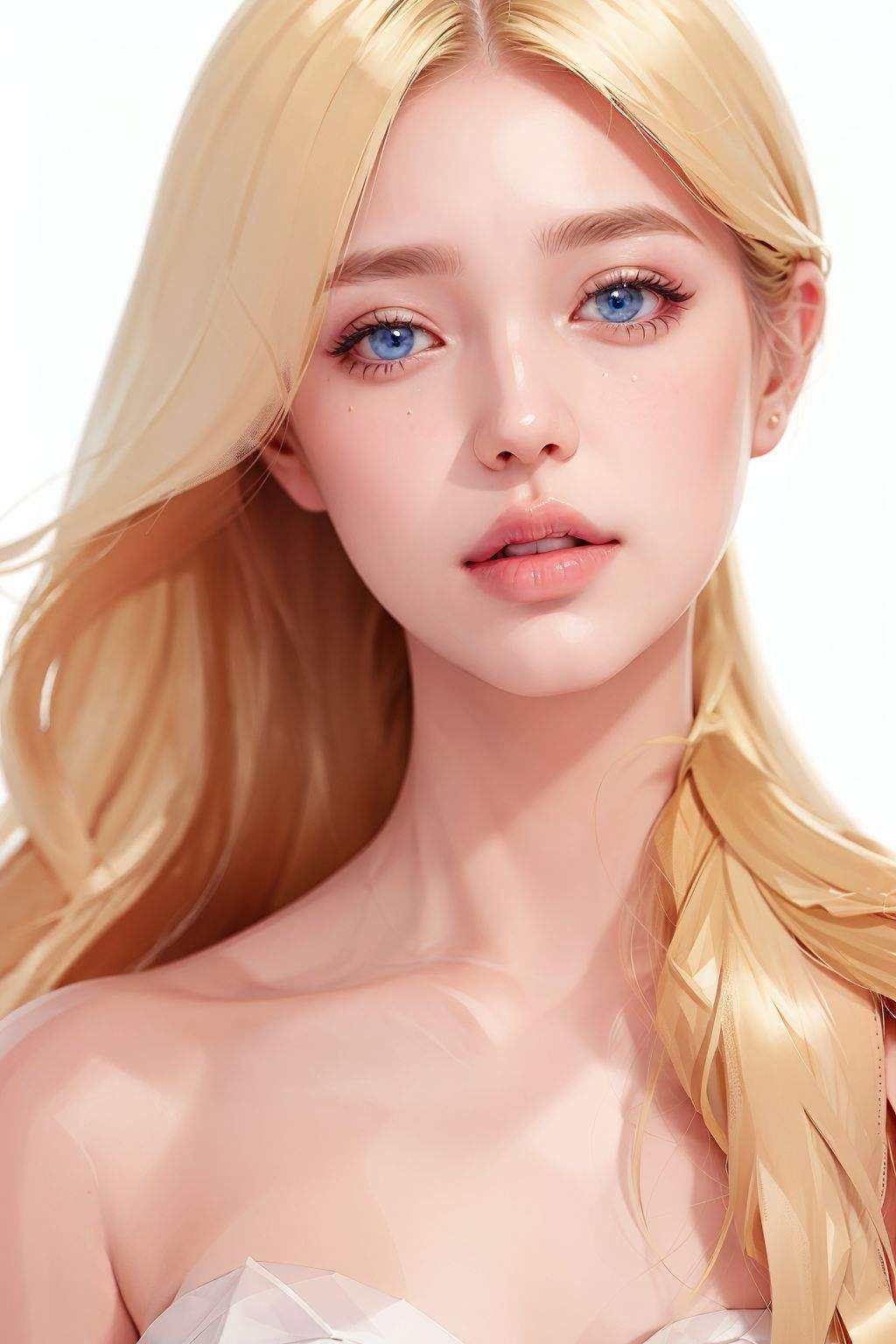1girl, solo, blonde hair, makeup, lipstick, long hair, lips, blue eyes, white background, simple background, portrait, realistic 