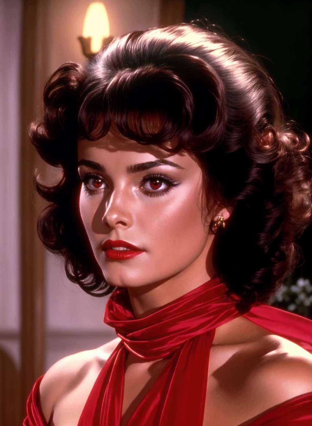 Dvd screenshot of a 1980s actress in a fantasy film with black hair red eyes and a beautiful face,  detailed on Tensor.Art