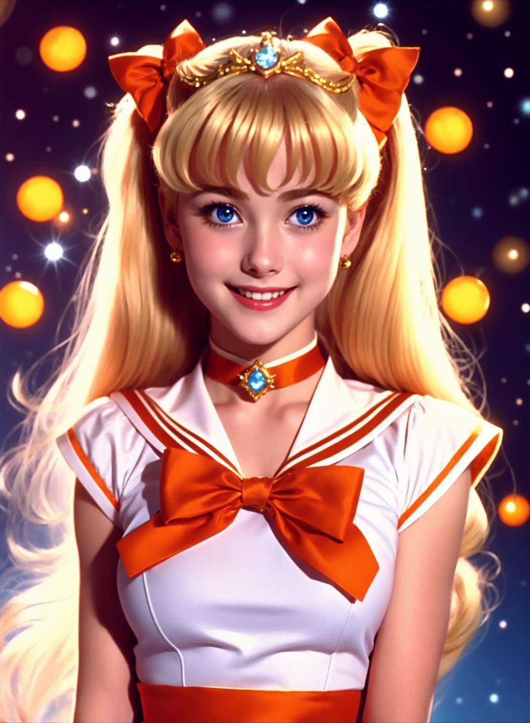 Ealistic film still of smiling Sailor Venus from live action of ‘ Sailor Moon’,  a beautiful and delicate - looking girl w...