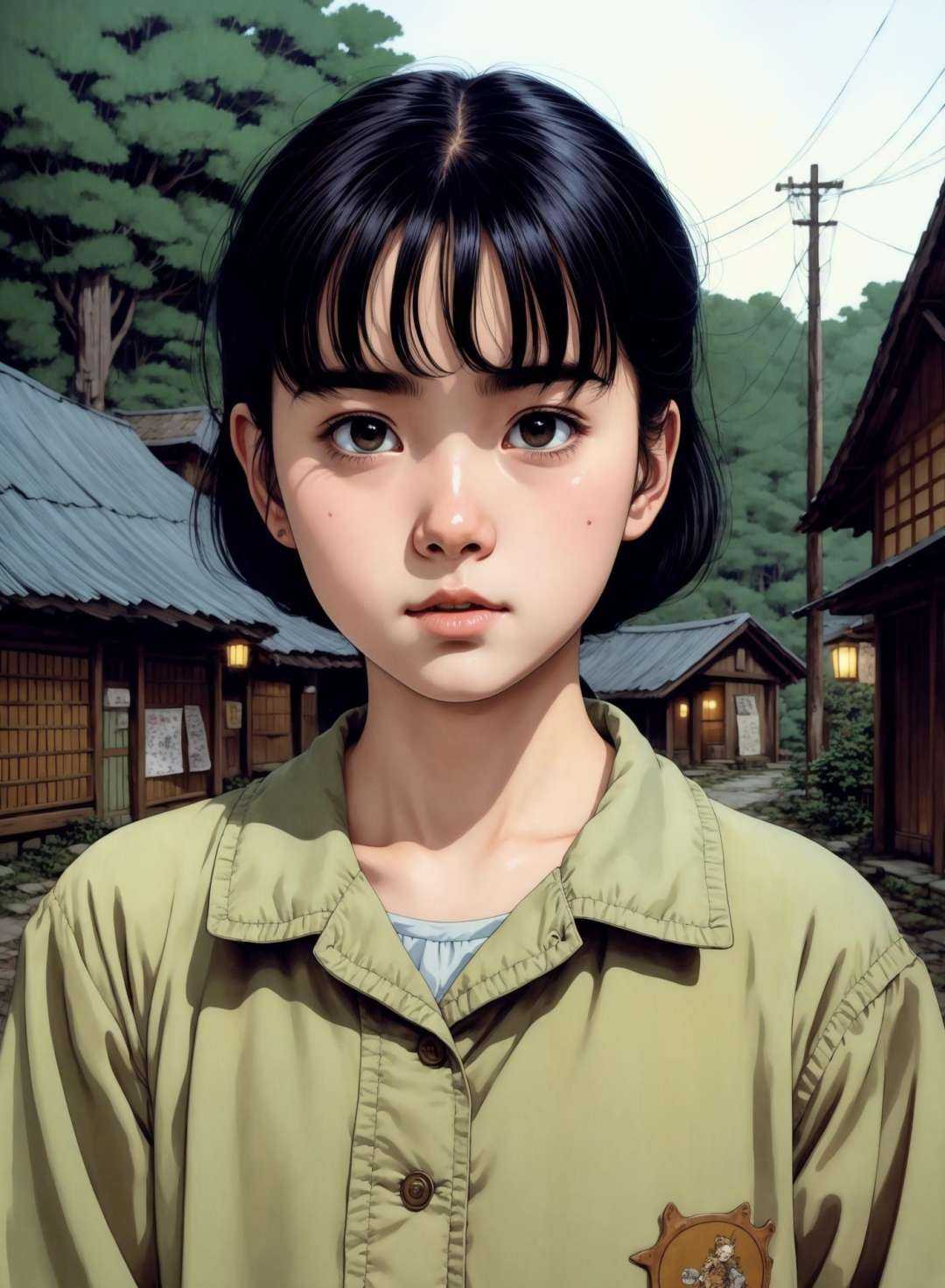 A girl,  standing in the village,  front face on Tensor.Art