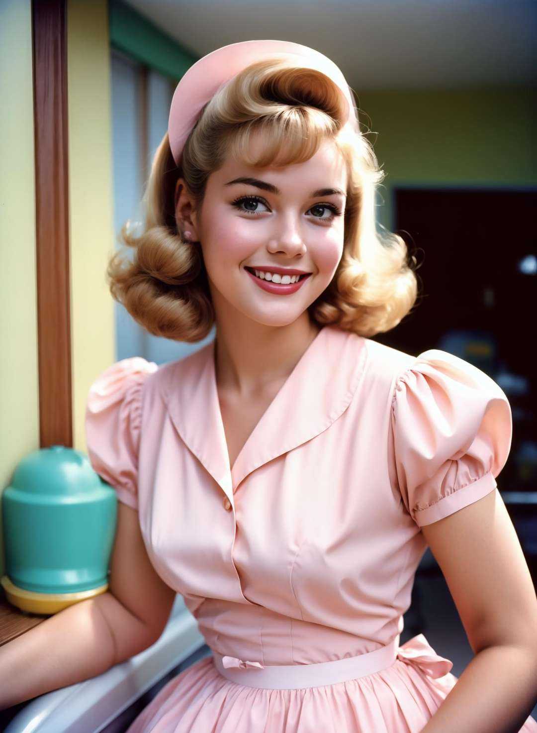 Portrait of a beautiful young housewife,  smiling,  wearing a pastel pink dress on Tensor.Art