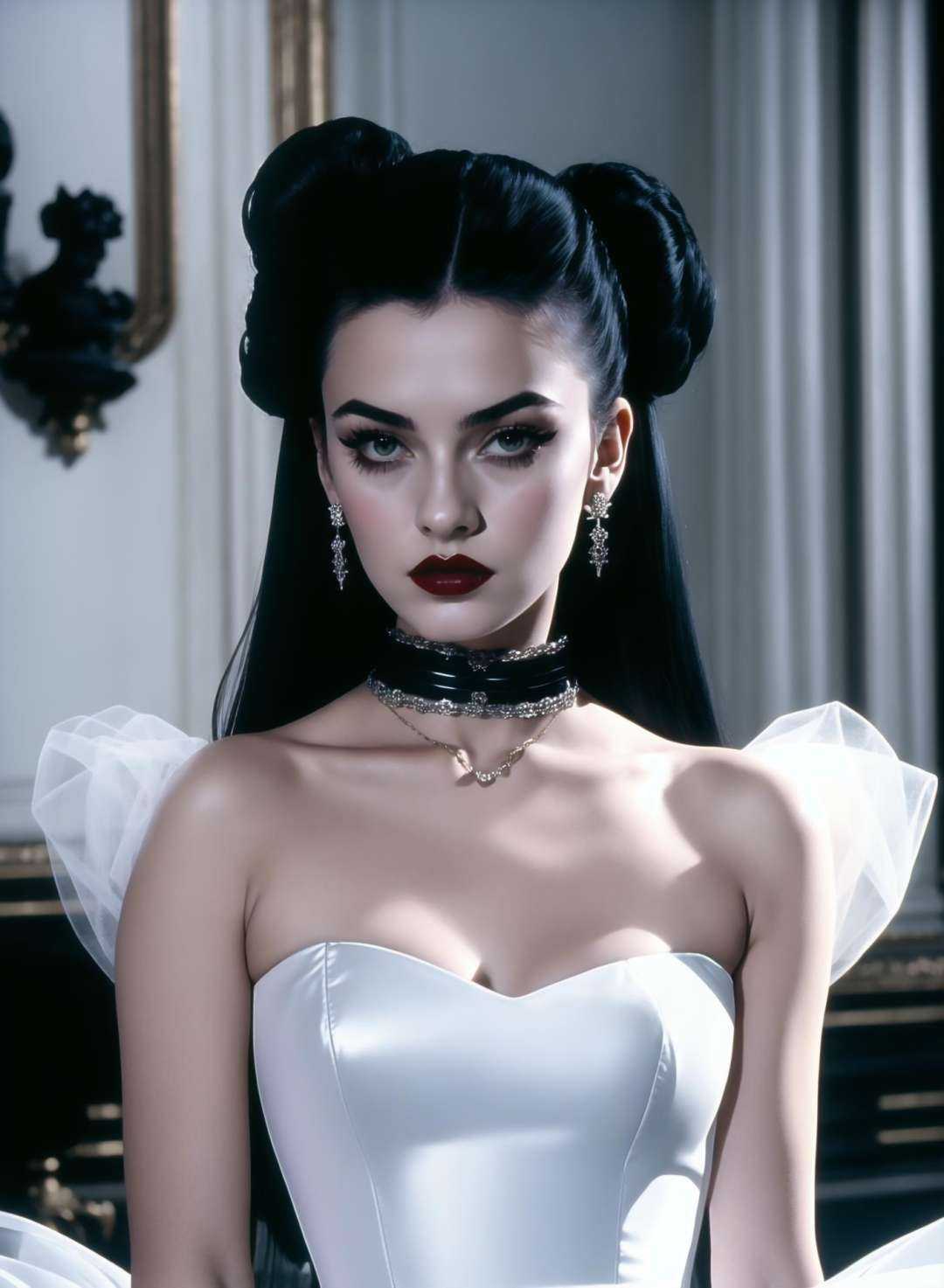 film still of 23 year old gothic woman with lipliner,  choker and Balenciaga white dress,  photo by arri on Tensor.Art