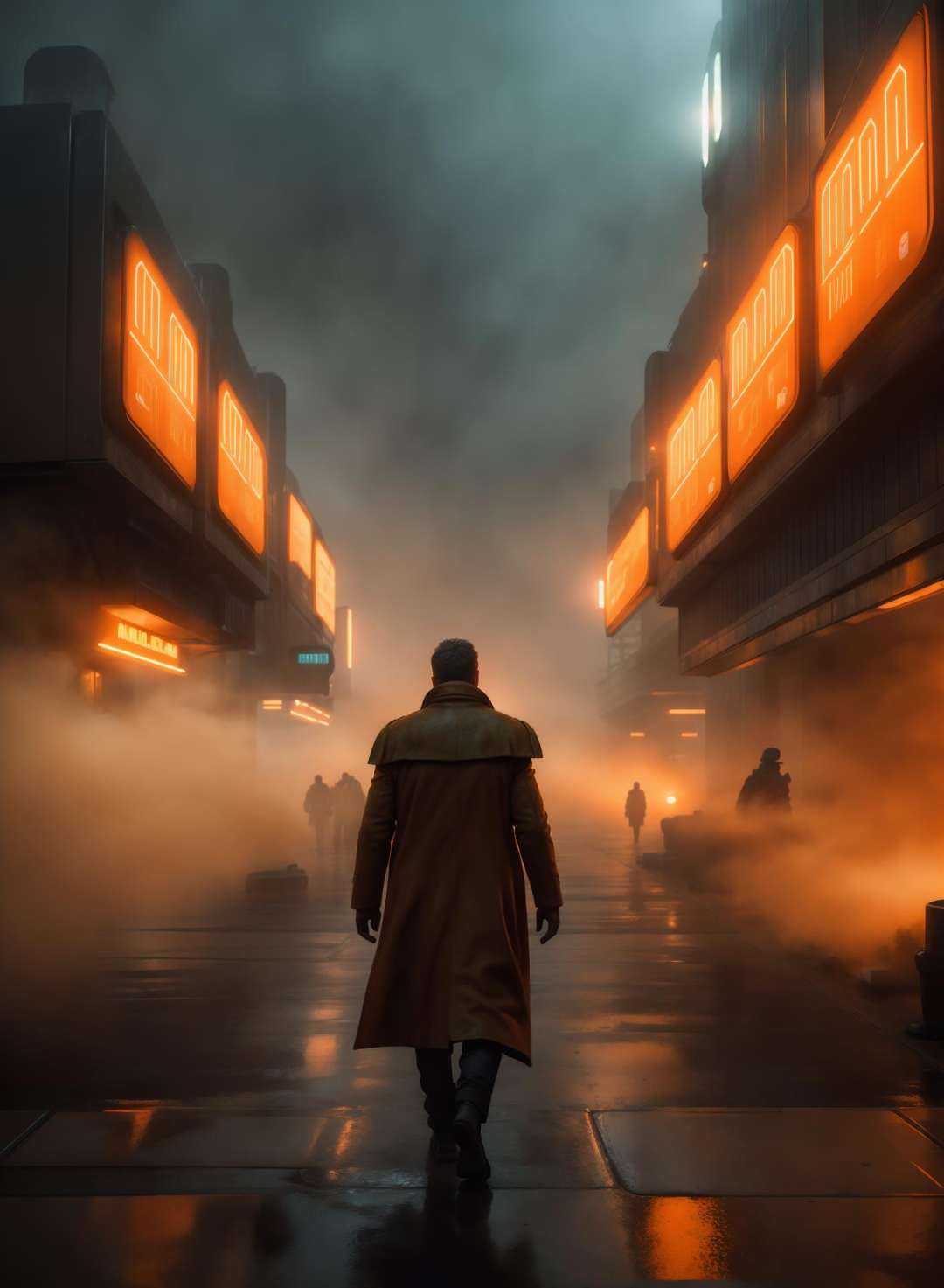 Man with coat coming toward from orange fog,  orange dirt ground,  blade runner 2049 directed by Denis Villeneuve on Tenso...