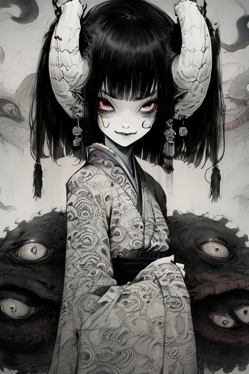 guaidan,1 girl,8k,demon horns, blodding,sharp fingernails,tassel,extra eyes,kimono