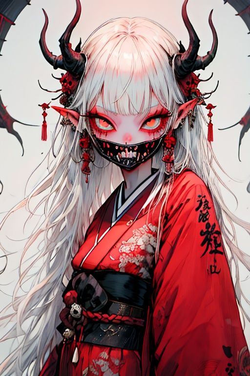 guaidan,1 girl,8k,demon horns, blodding,sharp fingernails,white hair, white eyes,japanese_clothes,monster