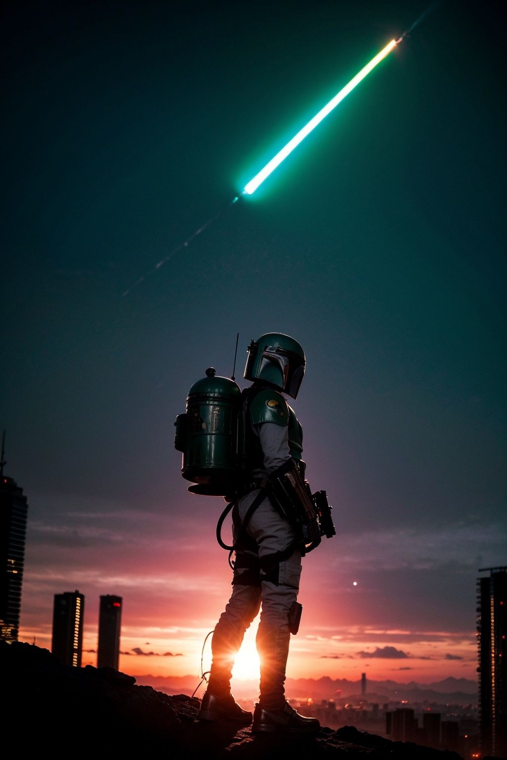 star wars boba fett by chris phu 1, silver, ragecore, caninecore, celestialpunk, aesthetics and atmosphere, (mystery:1.3), (cyberpunk background:1.2), neon, incredibly beautiful sky, from front