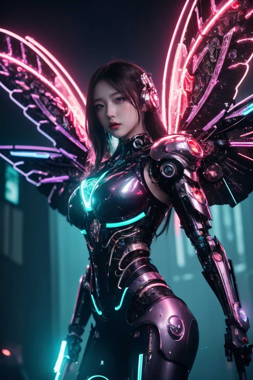 (masterpiece, best quality, 8k:1.2), (fantasy:1.3), 1girl,goddess women, intricate details, Low shutter, (wings,aura:1.2), most beautiful artwork in the world, aesthetics, atmosphere, (neon,cyborg:1.2),(cyberpunk background:1.2), (sparkly:1.2)