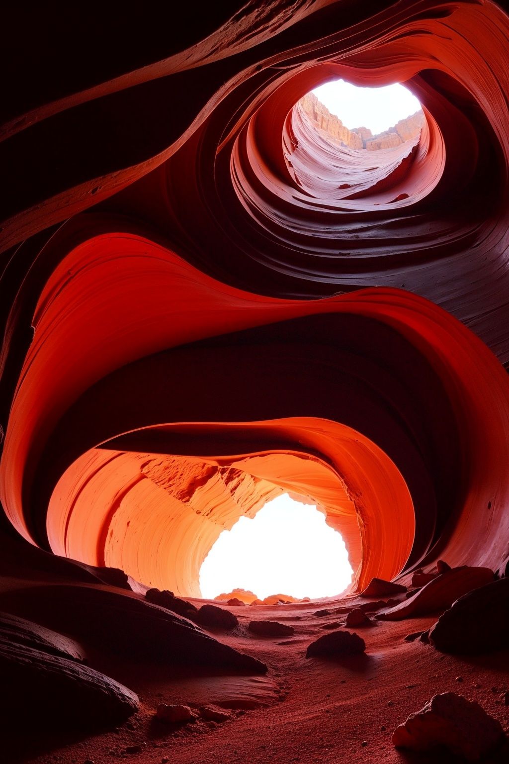 landscape of a Rounded The Antelope Canyon from inside of a Tower, Regal blossoms, Fall, volumetric lighting, F/8, most beautiful artwork in the world