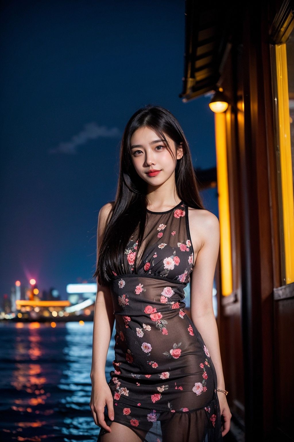 realistic, photorealistic, masterpiece, best quality, dark shot, (photo of portrait:1.2), cowbody shot,1girl, solo, smile, looking at viewer, long black hair, ([:see-through:4]:1.2) (colorful:1.2) cns_dress, (floral print:1.2), standing by a river, dynamic pose, (shanghai:1.2), water, colorful cloud, incredible beautiful sky, netural lighting, dynamic Angle, neon, moon, bokeh, Chiaroscuro, 