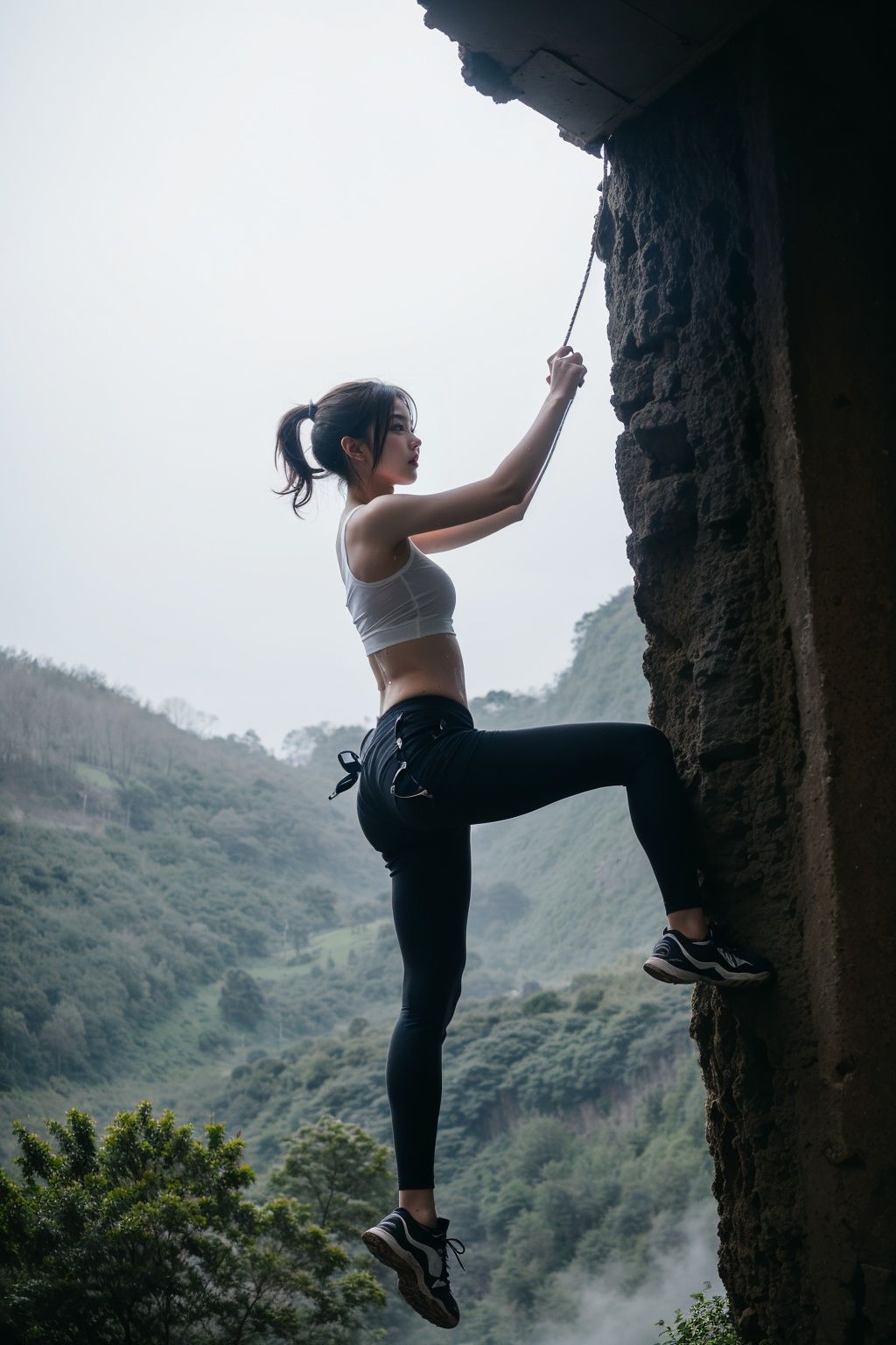 photograph, 1girl, goddess, Climbing, Foggy Undercut hairstyle, aesthetics, atmosphere, (sweat:1.3), landscape, sunrise, 