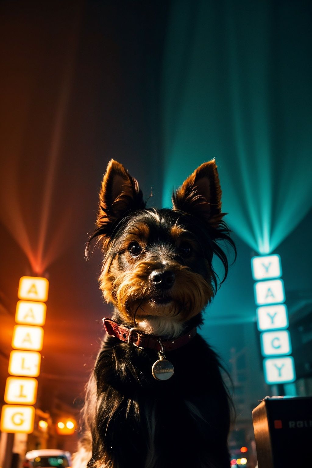 photograph, Turkish city street, Untidy, Lyrical Yorkshire Terrier, Foggy, 70s Science Fiction, Black lighting, compact camera, Circular polarizer, psychedelic colors