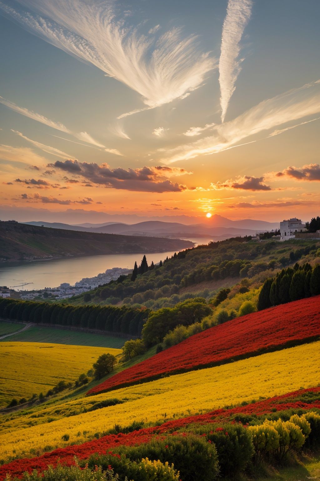 A dramatic sunset over a Greece,  Neo-Expressionism,  Chrysanthemum on Tensor.Art