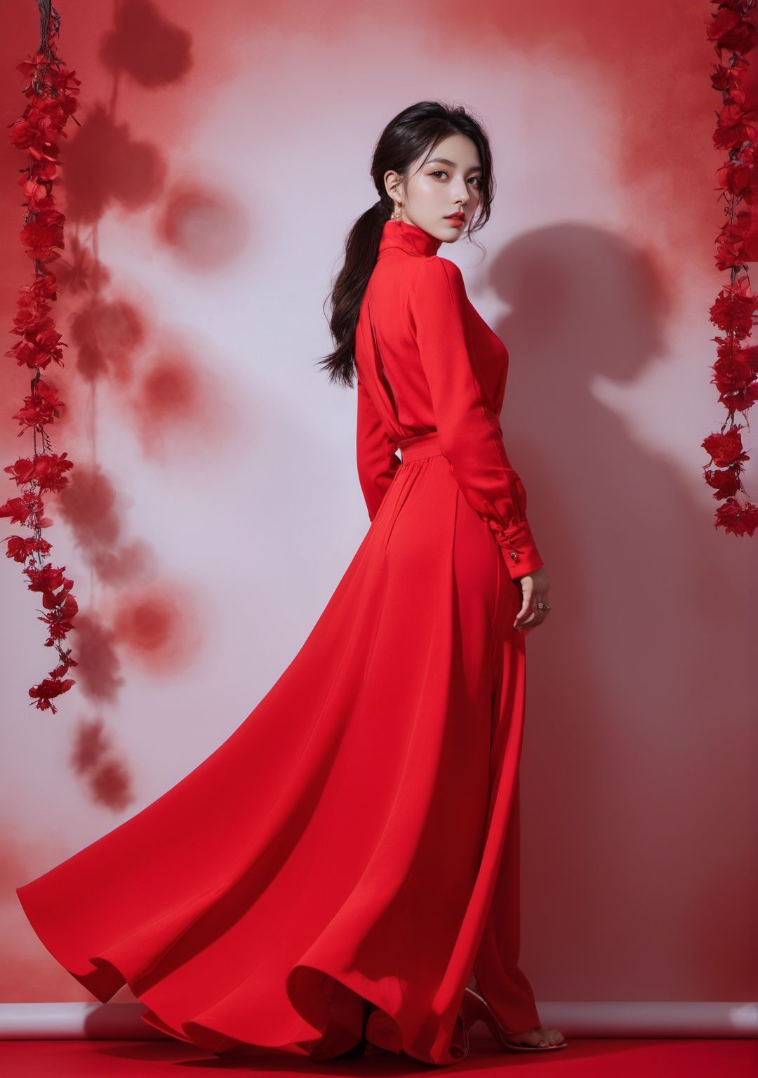 xxmix_girl,a woman in red is posing on a red background, in the style of realistic fantasy artwork, hyper-realistic