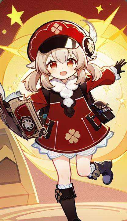 Genius_Invokation_TCG_Character_Cards, 1girl, klee_\(genshin_impact\), dress, hat, twintails, red_headwear, long_sleeves, solo, knee_boots, low_twintails, red_dress, ahoge, open_mouth, smile, backpack, hat_feather, boots, dodoco_\(genshin_impact\), white_feathers, ribbed_legwear, bangs, long_hair, red_eyes,<lora:Genius_Invokation_TCG_Card_Style:0.85>