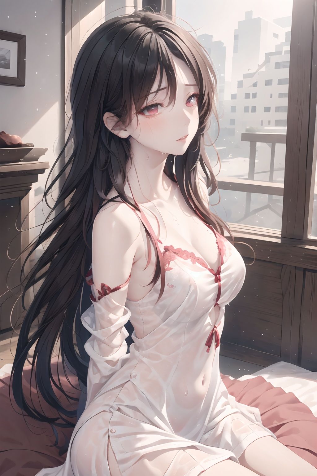 cropped leg,Facing the lens,look at viewer,kiss,from side,see-through sleeve,black clothes,see-through clothes,wet,wet,close mouth,narrowed eyes, half-closed eyes,wet,pov,crying with eyes open,eyes visible through hair,ahoge,student,on bed,narrowed eyes, heart hair ornament, beautiful background,bishoujo,cold attitude,clear face,expressionless,light blush,messy_hair,messy_hair,arm strap, longhair,side braid,
,pink_hair,original,female_solo
,beautiful detailed eyes,an extremely delicate and beautiful,red eyes,button eyes,button eyes,heart-shaped pupils,1girl,The eye, crotchless pantyhose,