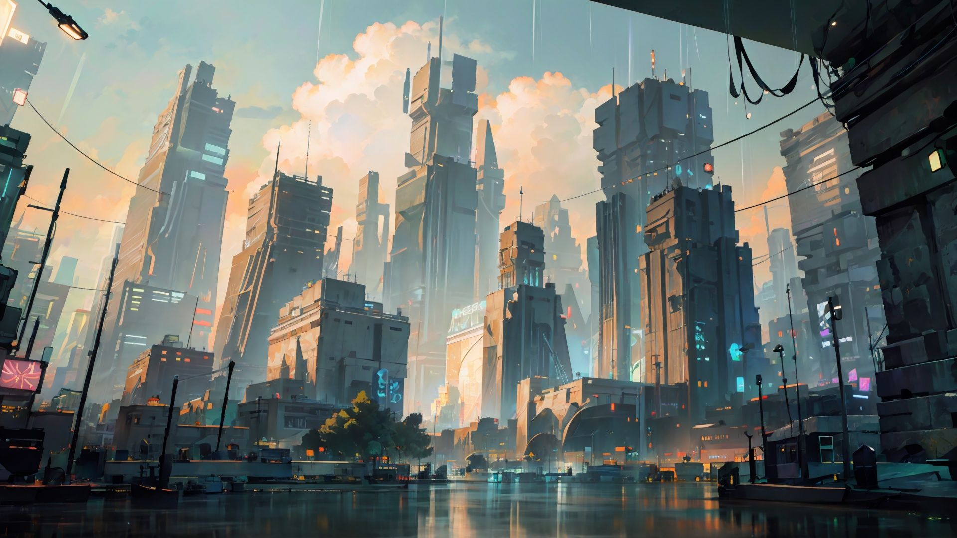 (((masterpiece))), ((extremely detailed CG unity 8k wallpaper)), best quality, high resolution illustration, Amazing, highres, intricate detail, (best illumination, best shadow, an extremely delicate and beautiful),

Cyberpunk Concept, scenery, cloud, no humans, city, building, reflection, sky, outdoors, cloudy sky, cityscape, water, science fiction, skyscraper, bridge, road, rain