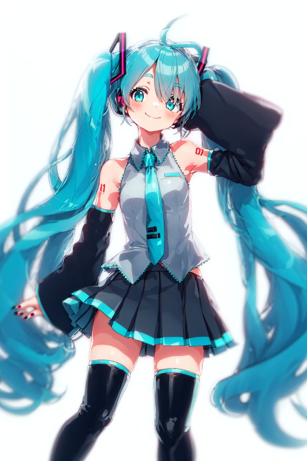 1girl, hatsune miku, skirt, detached sleeves, necktie, thighhighs, smile, sleeveless shirt, black skirt, pleated skirt, zettai ryouiki, white background, looking at viewer, black sleeves, black thighhighs, aqua nails, nail polish, sleeves past wrists, closed mouth, feet out of frame, character name, boots, collared shirt, thigh boots,