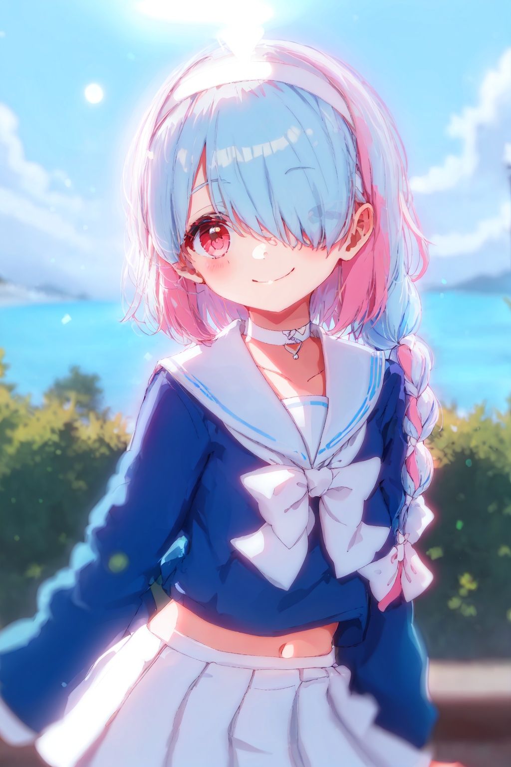 Arona, 1girl, solo, halo, school uniform, smile, sailor collar, bow, braid, skirt, choker, multicolored hair, white skirt, shirt, looking at viewer, blue shirt, pink hair, hairband, serafuku, white bow, white sailor collar, white choker, ribbon, long sleeves, bangs, upper body, hair over one eye, closed mouth, single braid, white ribbon, white hairband, two-tone hair, bowtie