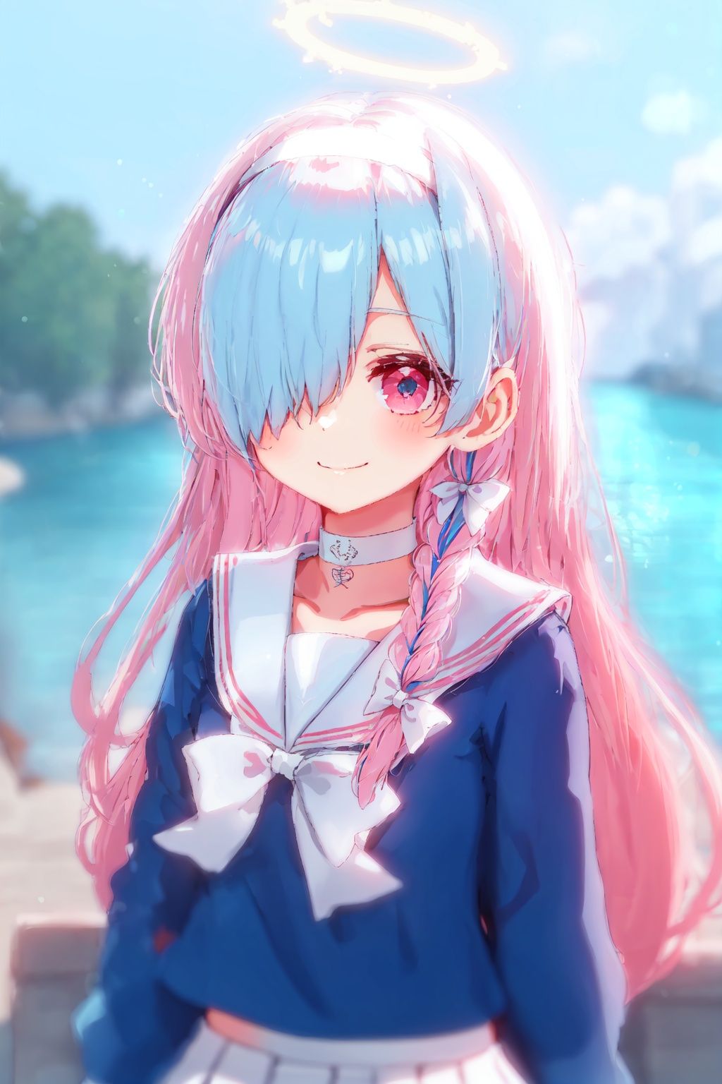 Arona, 1girl, solo, halo, school uniform, smile, sailor collar, bow, braid, skirt, choker, multicolored hair, white skirt, shirt, looking at viewer, blue shirt, pink hair, hairband, serafuku, white bow, white sailor collar, white choker, ribbon, long sleeves, bangs, upper body, hair over one eye, closed mouth, single braid, white ribbon, white hairband, two-tone hair, bowtie