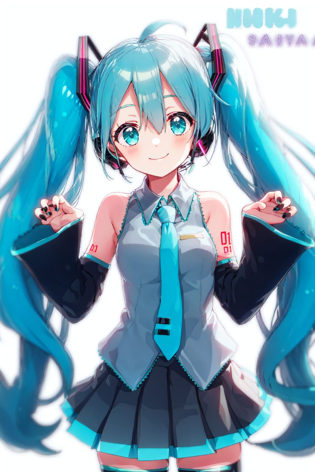 1girl, hatsune miku, skirt, detached sleeves, necktie, thighhighs, smile, sleeveless shirt, black skirt, pleated skirt, zettai ryouiki, white background, looking at viewer, black sleeves, black thighhighs, aqua nails, nail polish, sleeves past wrists, closed mouth, feet out of frame, character name, boots, collared shirt, thigh boots,upper body
