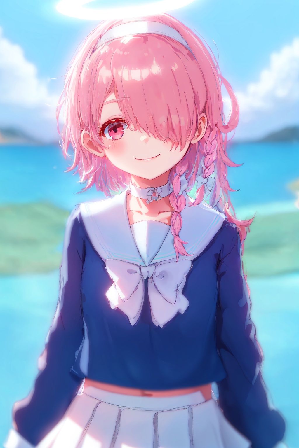 Arona, 1girl, solo, halo, school uniform, smile, sailor collar, bow, braid, skirt, choker, multicolored hair, white skirt, shirt, looking at viewer, blue shirt, pink hair, hairband, serafuku, white bow, white sailor collar, white choker, ribbon, long sleeves, bangs, upper body, hair over one eye, closed mouth, single braid, white ribbon, white hairband, two-tone hair, bowtie