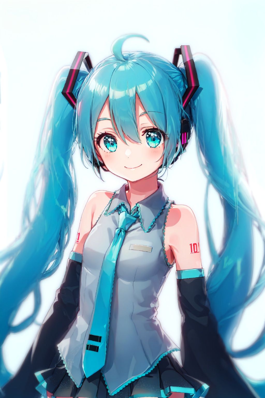 1girl, hatsune miku, skirt, detached sleeves, necktie, thighhighs, smile, sleeveless shirt, black skirt, pleated skirt, zettai ryouiki, white background, looking at viewer, black sleeves, black thighhighs, aqua nails, nail polish, sleeves past wrists, closed mouth, feet out of frame, character name, boots, collared shirt, thigh boots,upper body