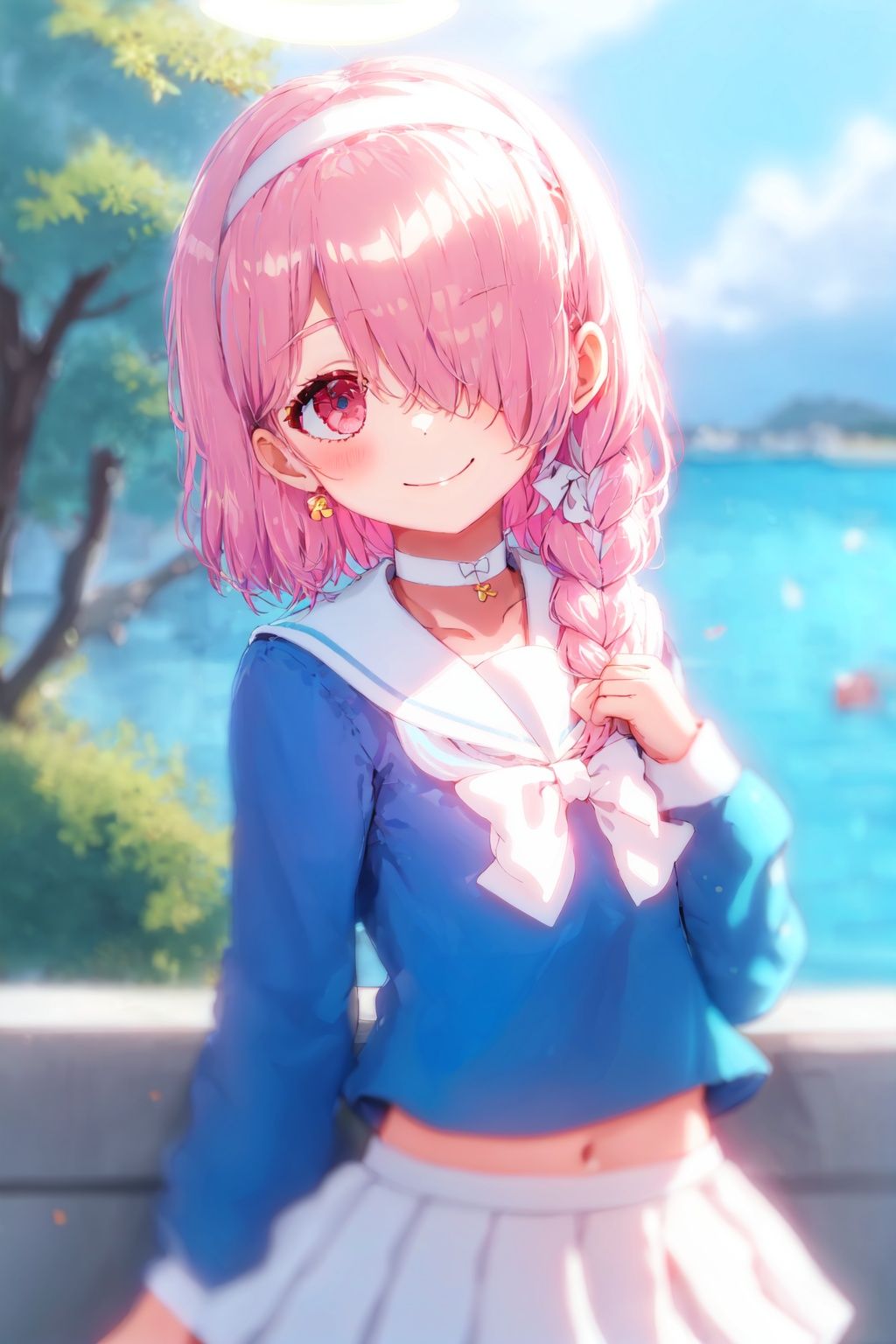 Arona, 1girl, solo, halo, school uniform, smile, sailor collar, bow, braid, skirt, choker, multicolored hair, white skirt, shirt, looking at viewer, blue shirt, pink hair, hairband, serafuku, white bow, white sailor collar, white choker, ribbon, long sleeves, bangs, upper body, hair over one eye, closed mouth, single braid, white ribbon, white hairband, two-tone hair, bowtie