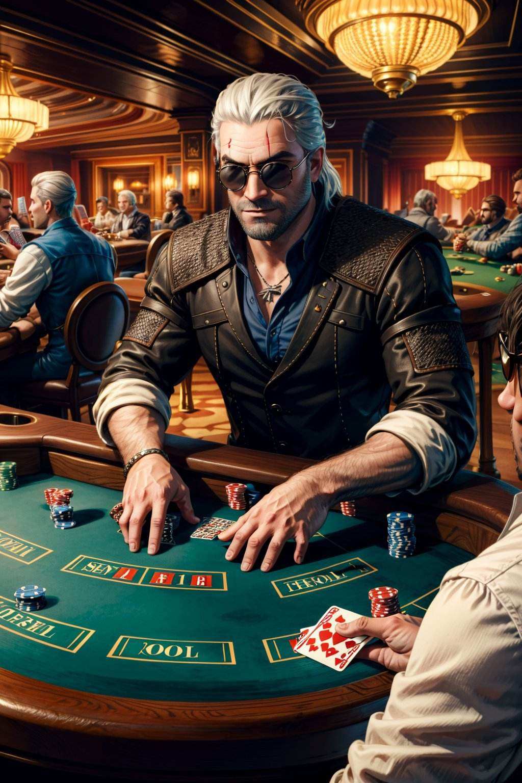 geralt_soul3142,  sunglasses,  playing poker on Tensor.Art