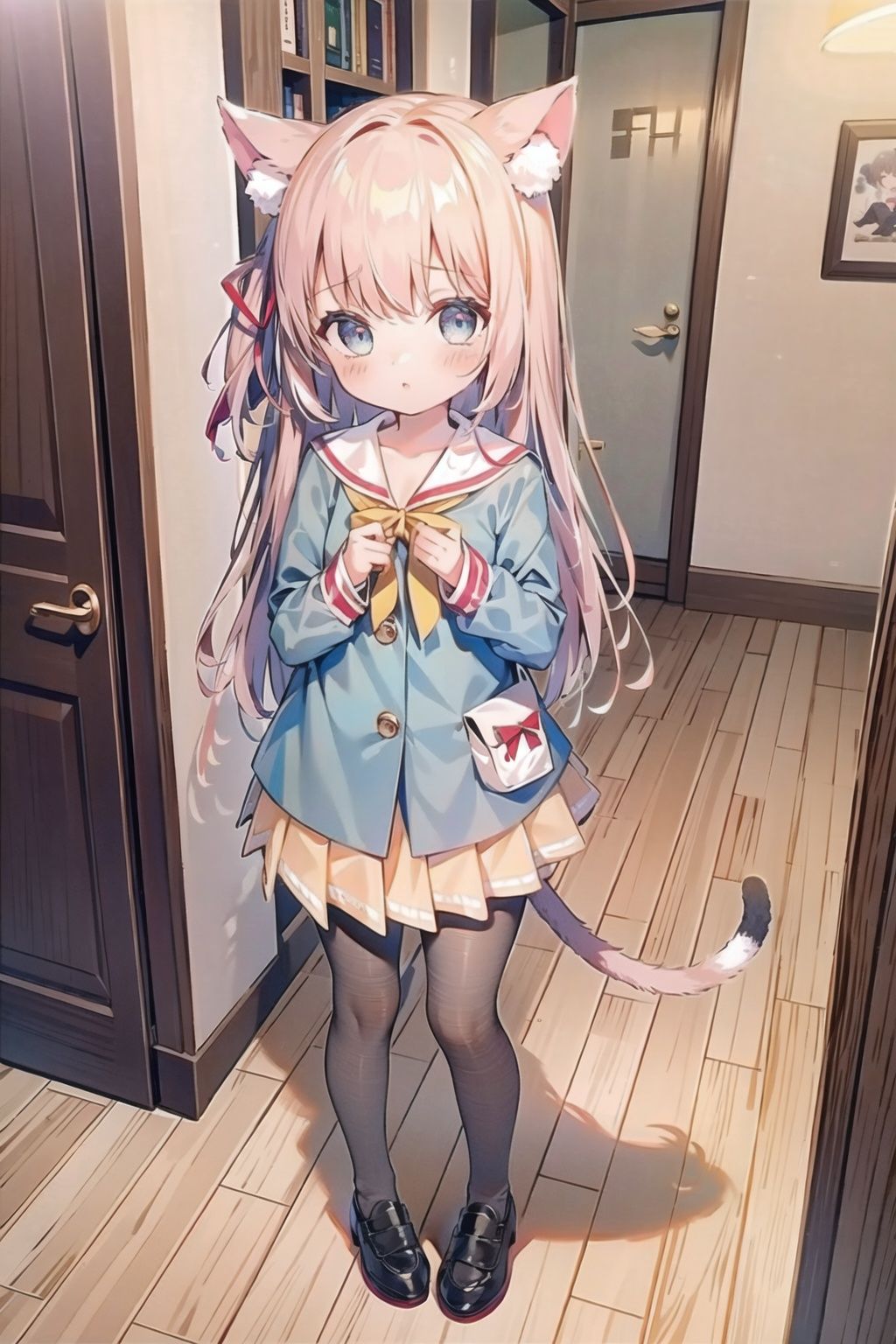 (8k, RAW photo, best quality, masterpiece:1.4),1girl,full body,first-person view,Grey hair,cat girl,tail,blue_eyes,serafuku,pantyhose,kisaragi-azur-lane
